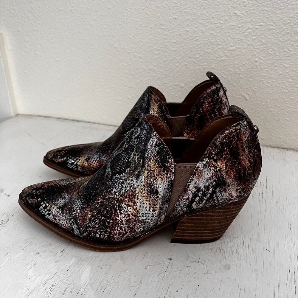 Unique custom crafted snake print foiled perforated suede ankle bootie size 6.5
